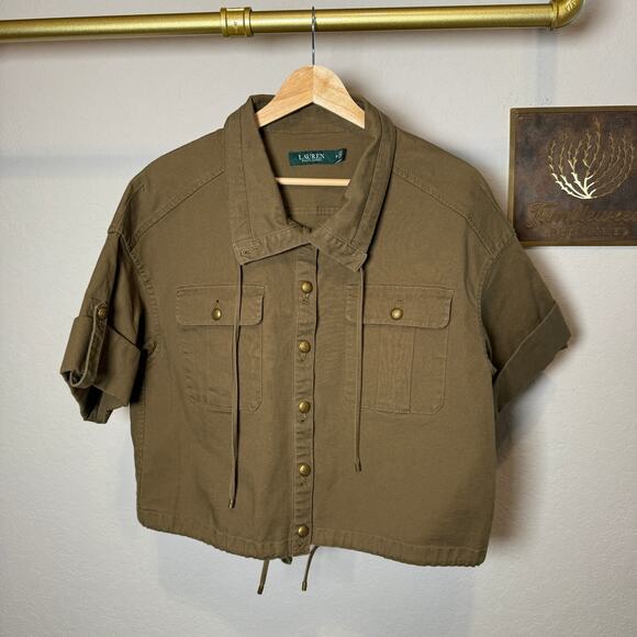 Women's Lauren Ralph Lauren Olive Crop Cargo Button Front Shirt Jacket Size 10 - Picture 1 of 10